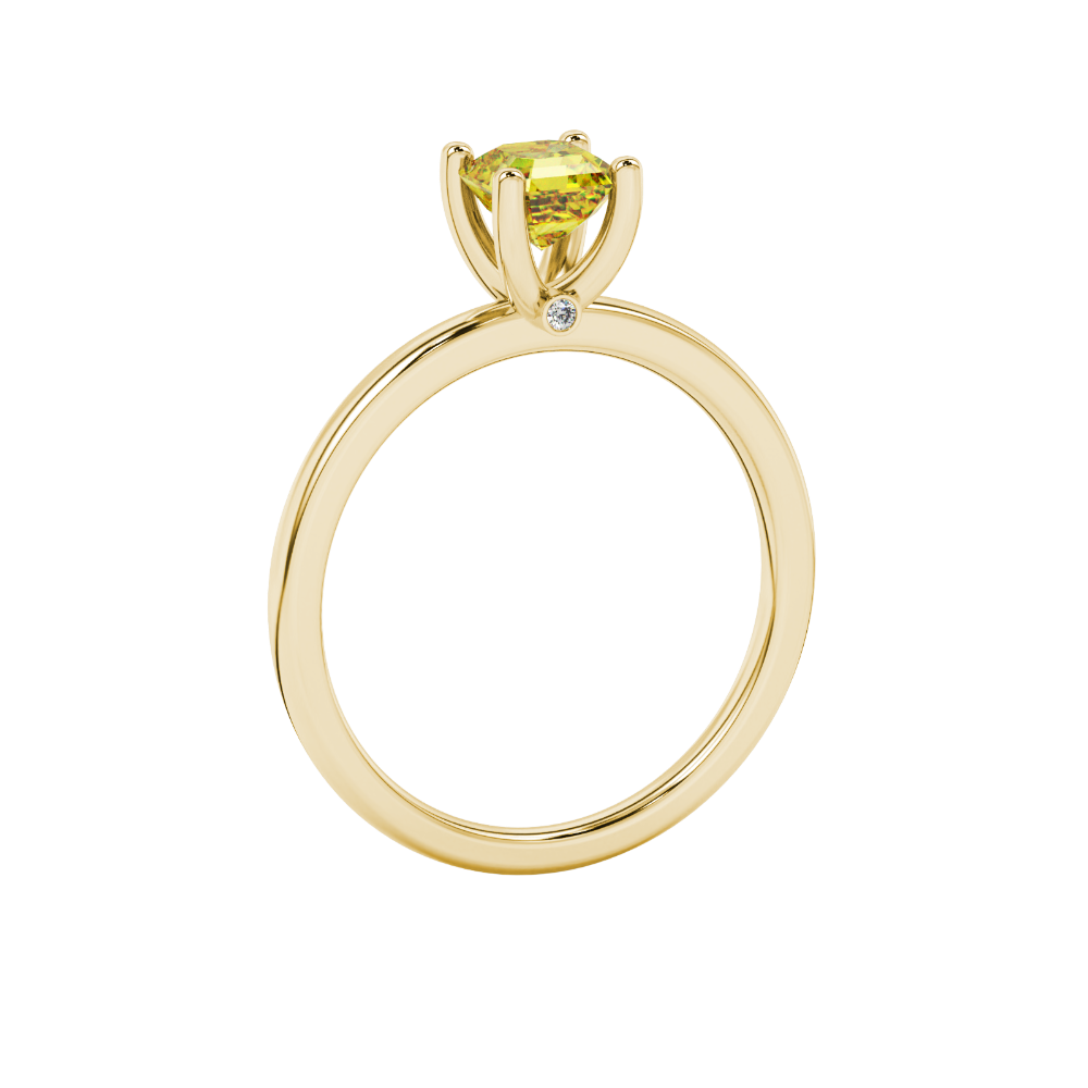 Yellow Asscher cut solitaire ring in gold featuring a 5.00 MM gemstone in a classic four-prong cathedral setting