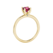 Red Asscher cut solitaire ring in gold featuring a 5.00 MM gemstone in a classic four-prong cathedral setting
