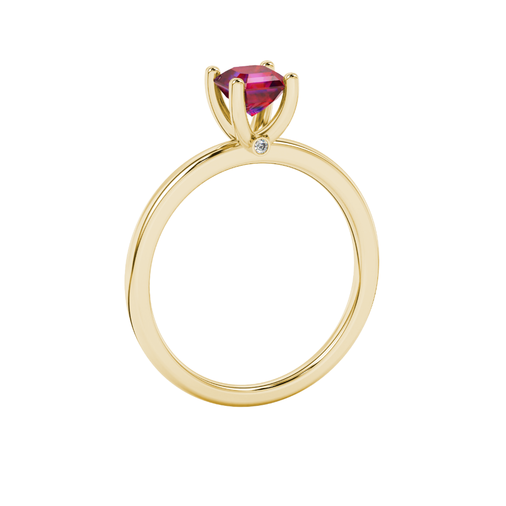 Red Asscher cut solitaire ring in gold featuring a 5.00 MM gemstone in a classic four-prong cathedral setting