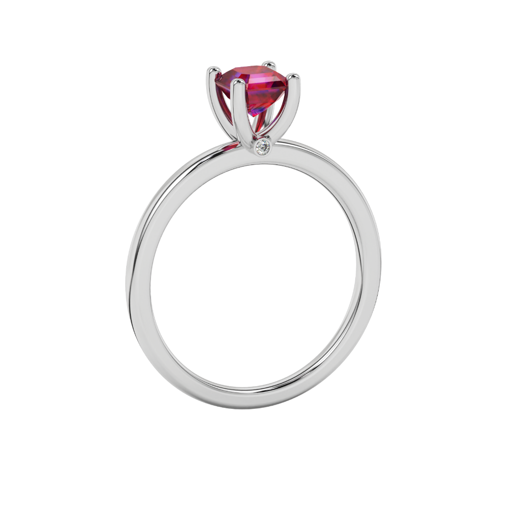 Red Asscher cut solitaire ring in gold featuring a 5.00 MM gemstone in a classic four-prong cathedral setting