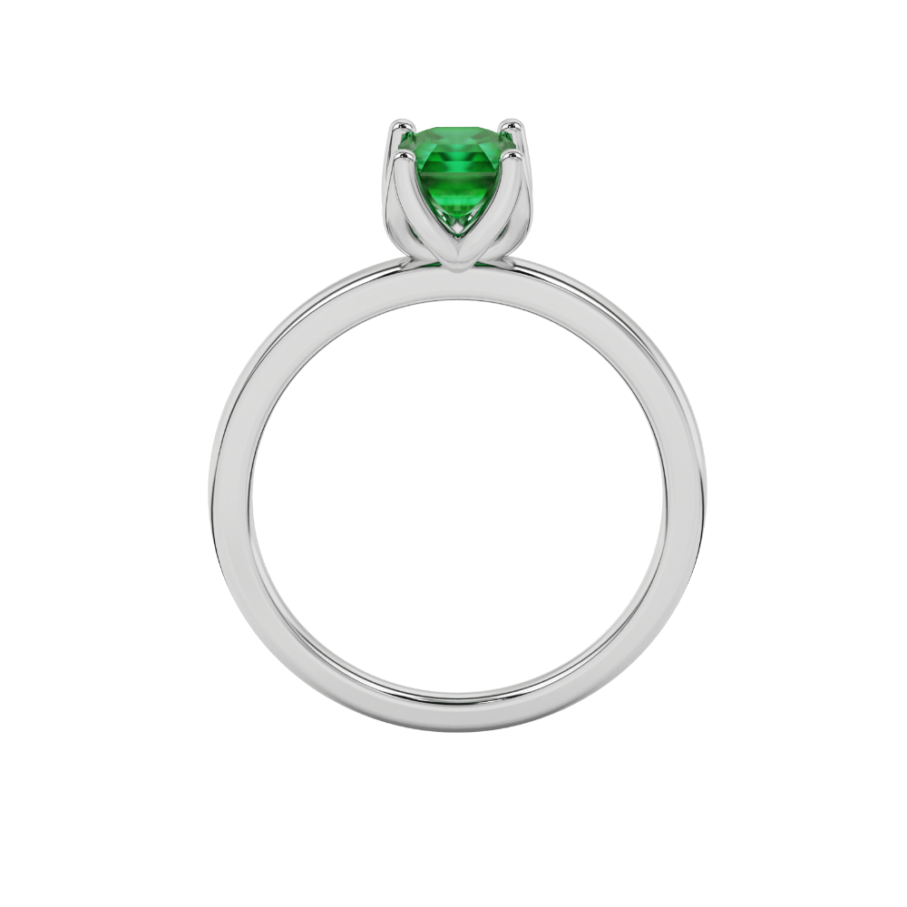 Green Asscher cut solitaire ring in gold featuring a floral-inspired four-prong basket setting with a 5.00 MM center gemstone