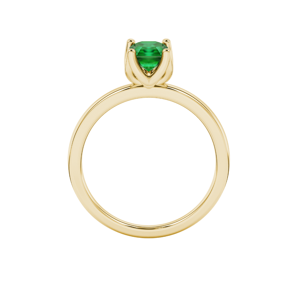 Green Asscher cut solitaire ring in gold featuring a floral-inspired four-prong basket setting with a 5.00 MM center gemstone