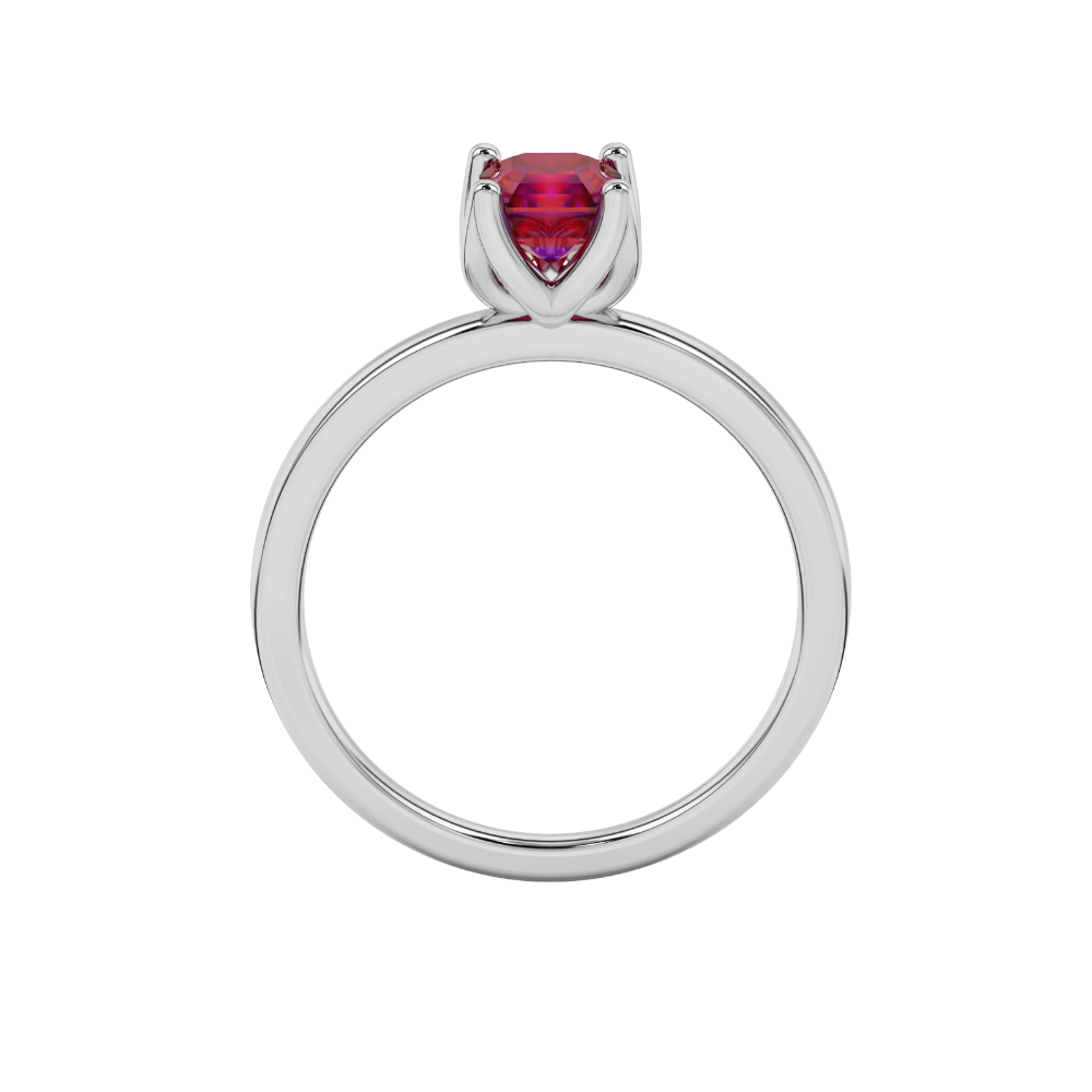 Red Asscher cut solitaire ring in gold featuring a floral-inspired four-prong basket setting with a 5.00 MM center gemstone