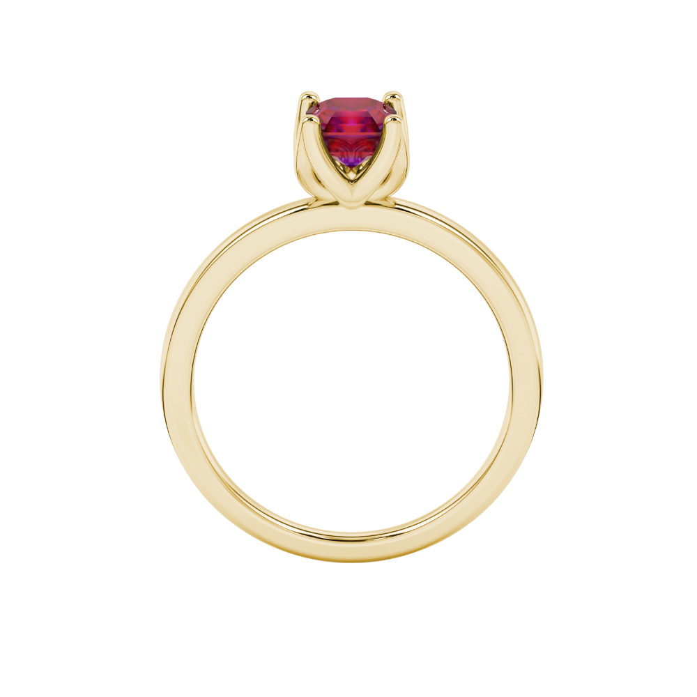 Red Asscher cut solitaire ring in gold featuring a floral-inspired four-prong basket setting with a 5.00 MM center gemstone