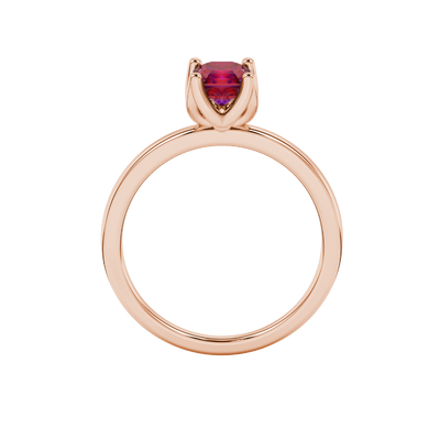 Red Asscher cut solitaire ring in gold featuring a floral-inspired four-prong basket setting with a 5.00 MM center gemstone