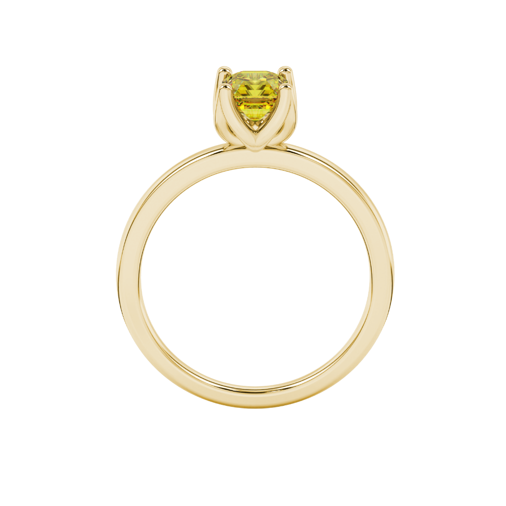 Yellow Asscher cut solitaire ring in gold featuring a floral-inspired four-prong basket setting with a 5.00 MM center gemstone