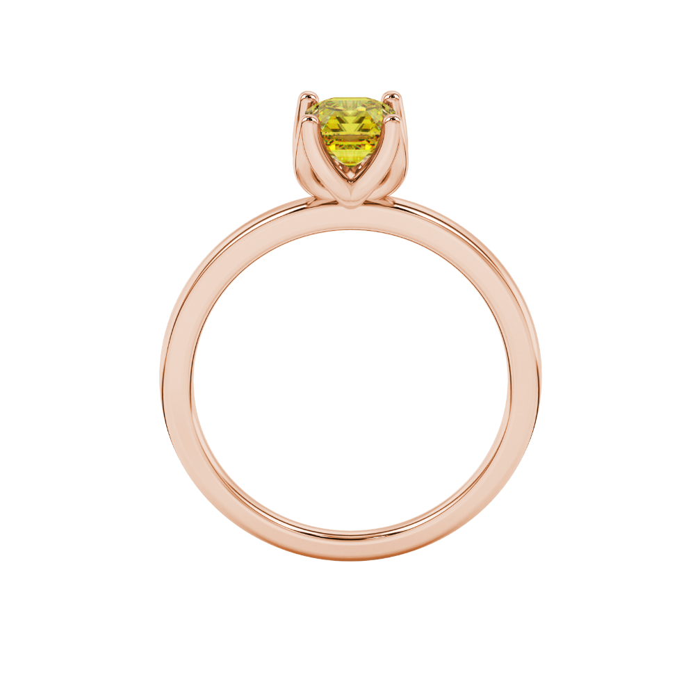 Yellow Asscher cut solitaire ring in gold featuring a floral-inspired four-prong basket setting with a 5.00 MM center gemstone
