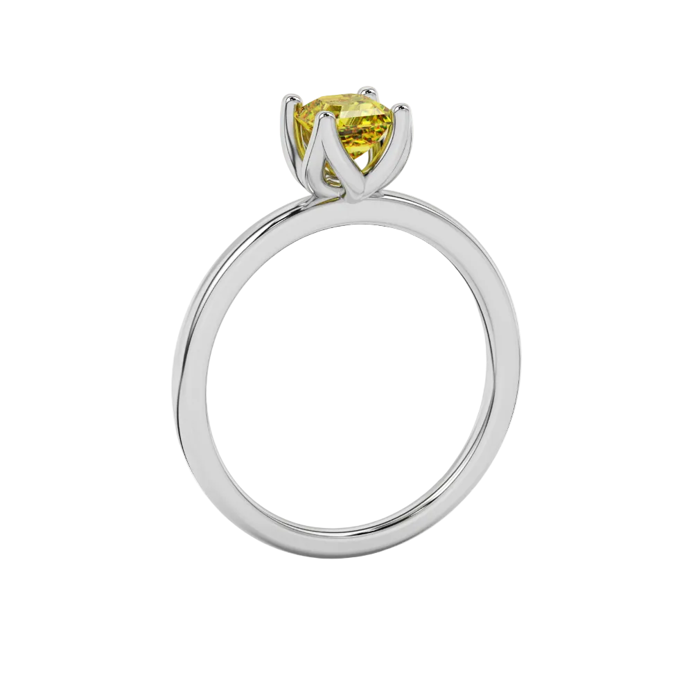 Yellow Asscher cut solitaire ring in gold featuring a floral-inspired four-prong basket setting with a 5.00 MM center gemstone