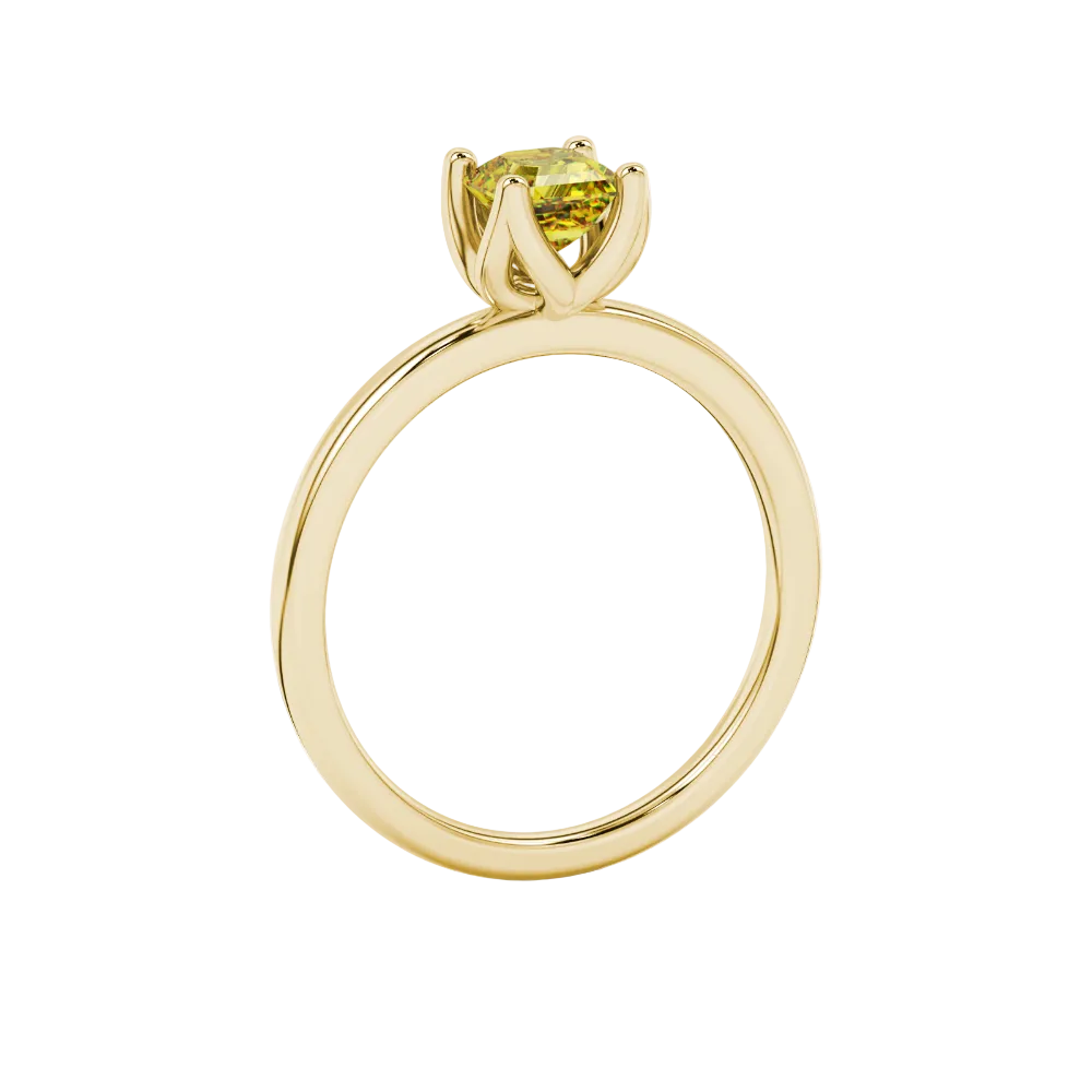 Yellow Asscher cut solitaire ring in gold featuring a floral-inspired four-prong basket setting with a 5.00 MM center gemstone