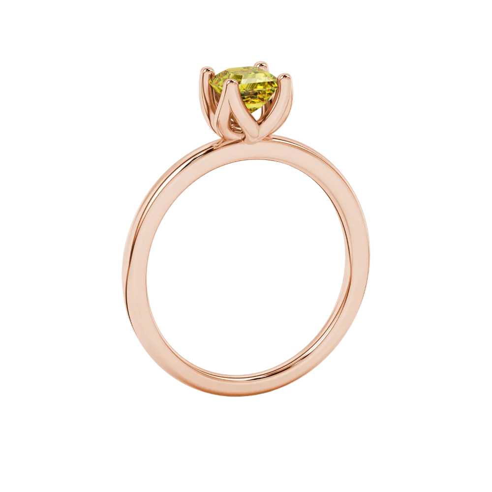 Yellow Asscher cut solitaire ring in gold featuring a floral-inspired four-prong basket setting with a 5.00 MM center gemstone