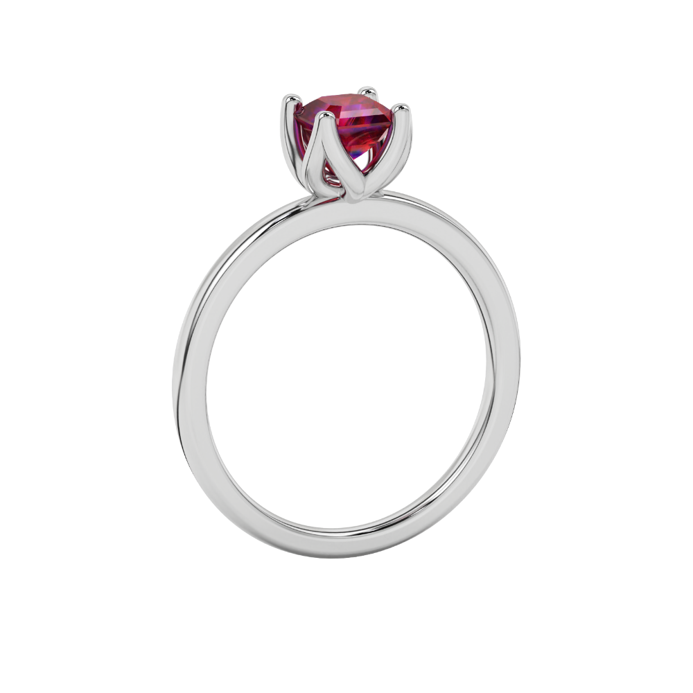 Red Asscher cut solitaire ring in gold featuring a floral-inspired four-prong basket setting with a 5.00 MM center gemstone