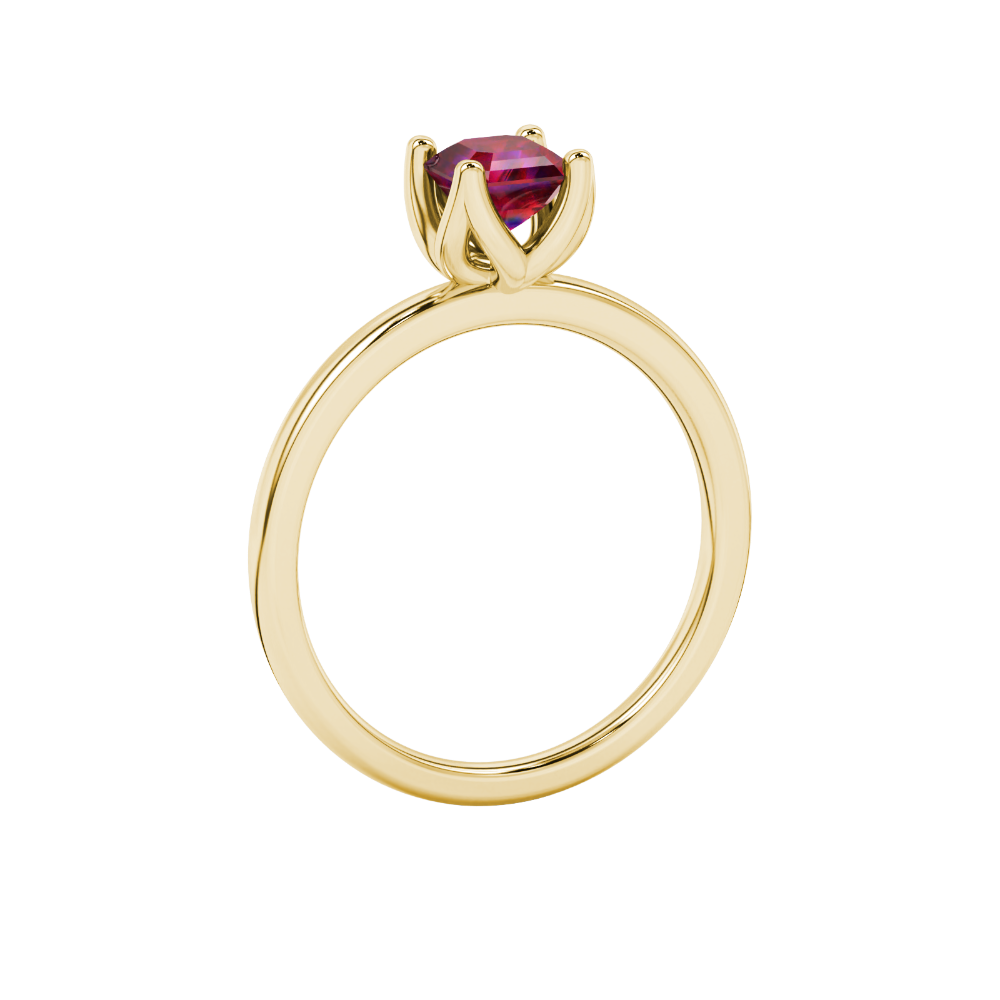 Red Asscher cut solitaire ring in gold featuring a floral-inspired four-prong basket setting with a 5.00 MM center gemstone