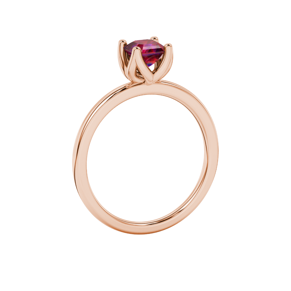 Red Asscher cut solitaire ring in gold featuring a floral-inspired four-prong basket setting with a 5.00 MM center gemstone