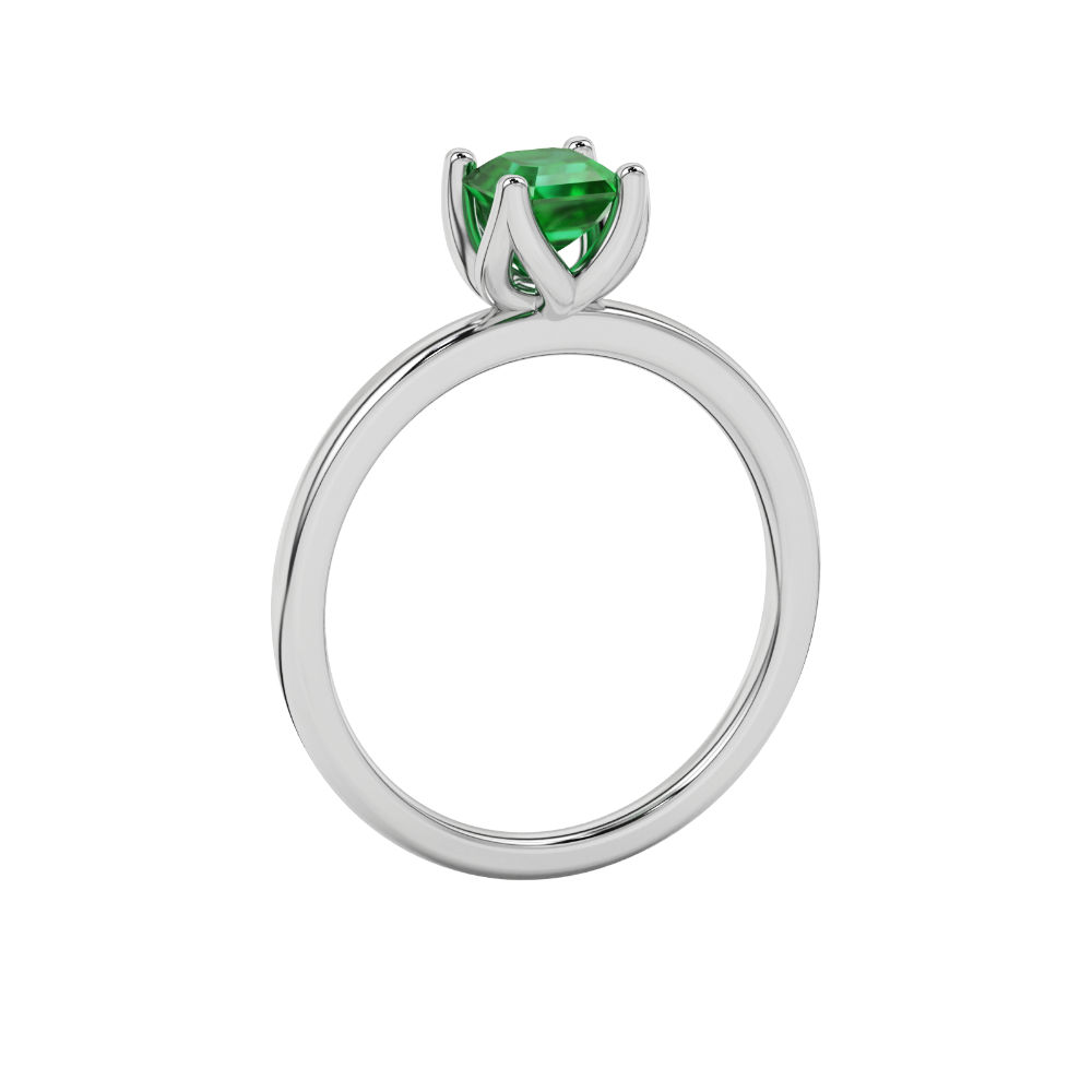 Green Asscher cut solitaire ring in gold featuring a floral-inspired four-prong basket setting with a 5.00 MM center gemstone