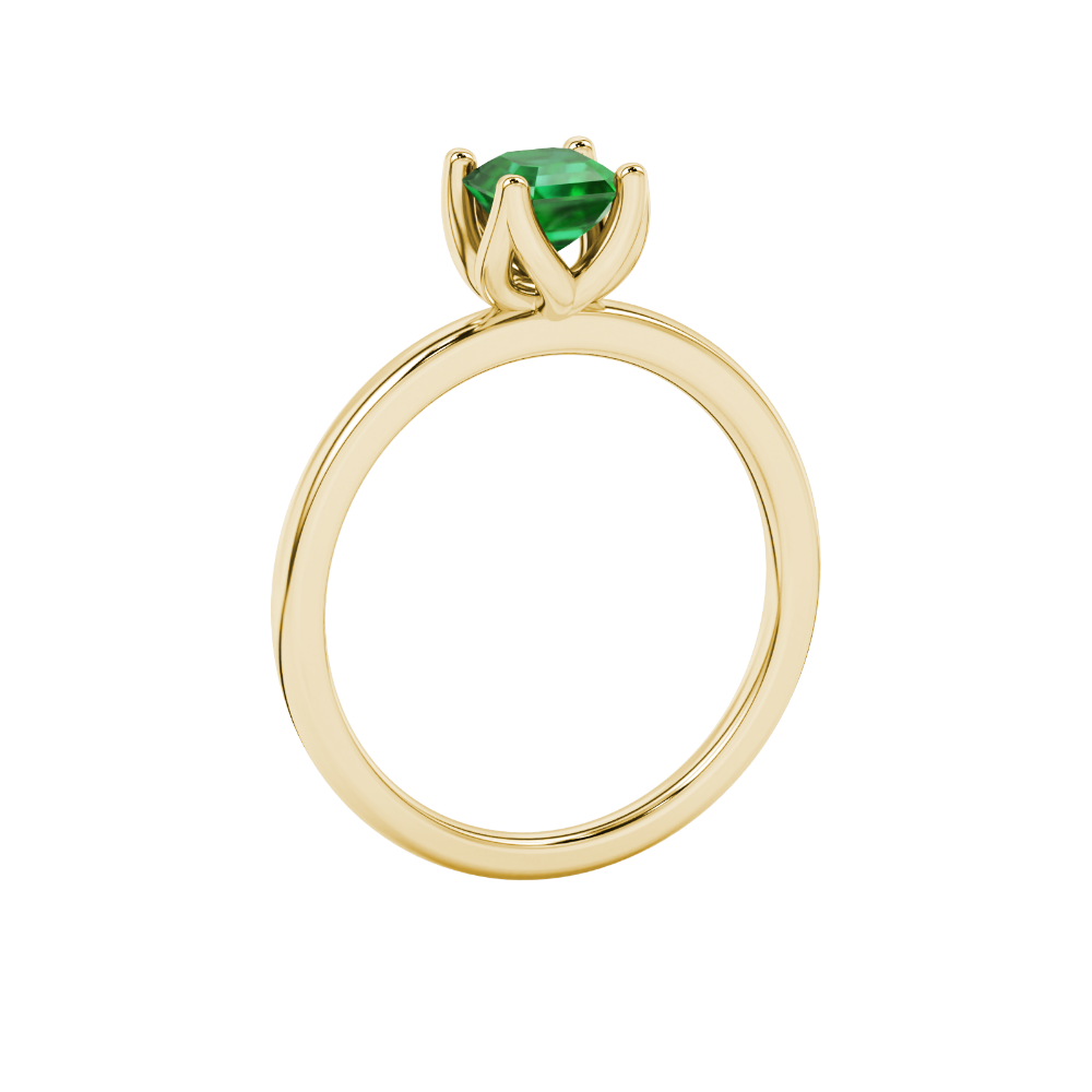Green Asscher cut solitaire ring in gold featuring a floral-inspired four-prong basket setting with a 5.00 MM center gemstone