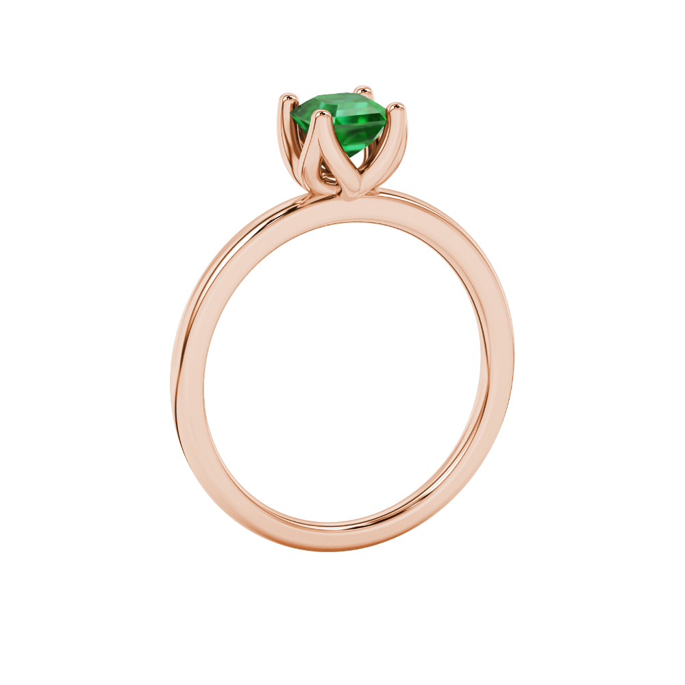 Green Asscher cut solitaire ring in gold featuring a floral-inspired four-prong basket setting with a 5.00 MM center gemstone