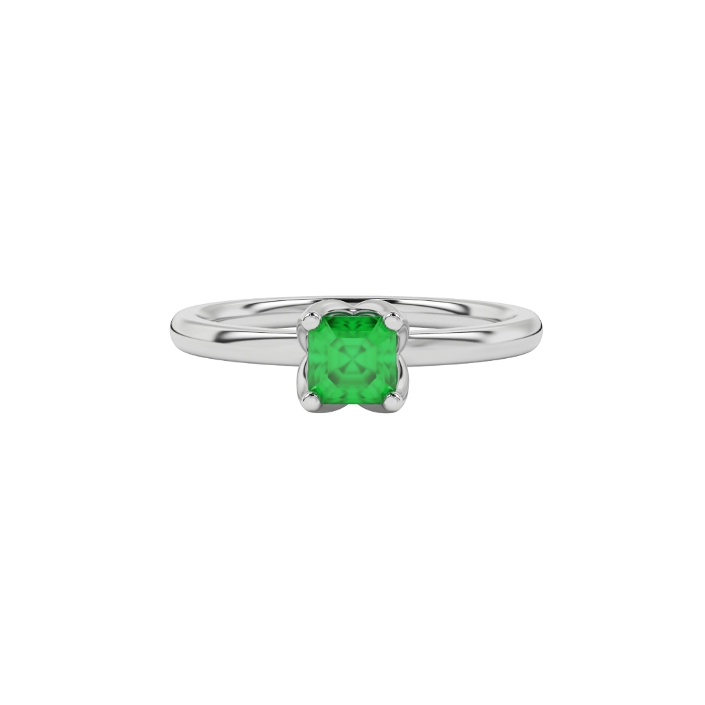 Green Asscher cut solitaire ring in gold featuring a floral-inspired four-prong basket setting with a 5.00 MM center gemstone