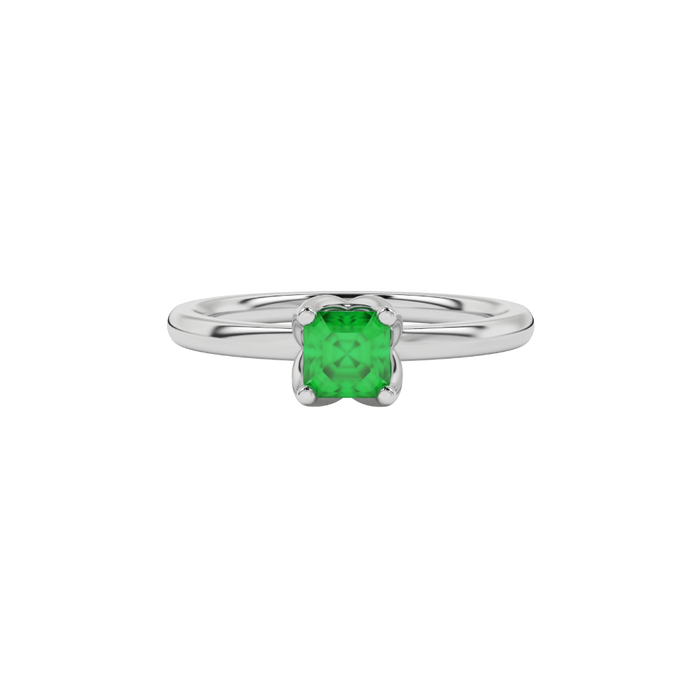 Green Asscher cut solitaire ring in gold featuring a floral-inspired four-prong basket setting with a 5.00 MM center gemstone