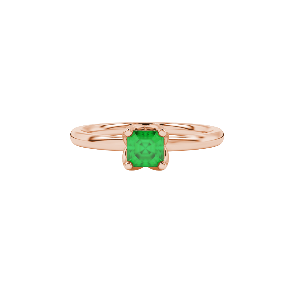 Green Asscher cut solitaire ring in gold featuring a floral-inspired four-prong basket setting with a 5.00 MM center gemstone