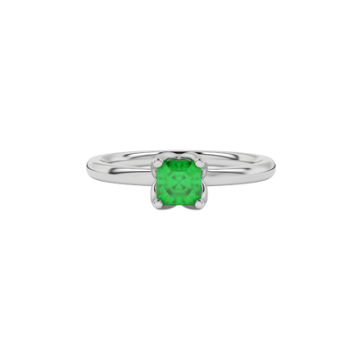 Green Asscher cut solitaire ring in gold featuring a floral-inspired four-prong basket setting with a 5.00 MM center gemstone