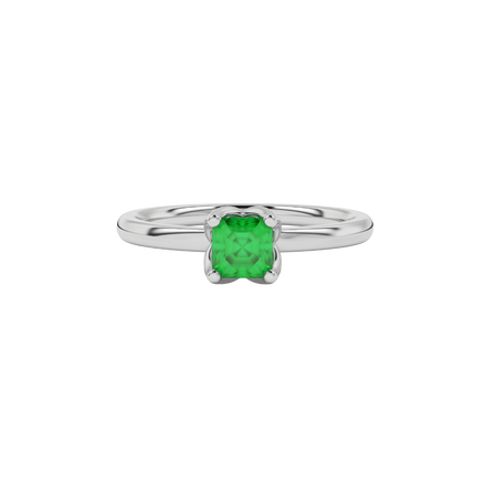 Green Asscher cut solitaire ring in gold featuring a floral-inspired four-prong basket setting with a 5.00 MM center gemstone