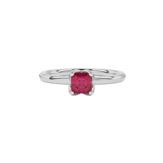 raspberry red asscher gemstone four-prong solitaire ring in white gold