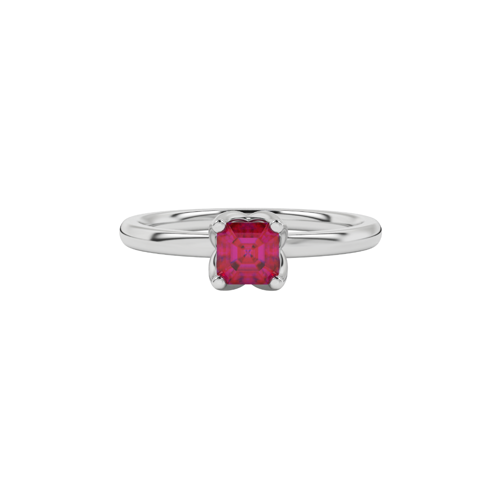 Red Asscher cut solitaire ring in gold featuring a floral-inspired four-prong basket setting with a 5.00 MM center gemstone