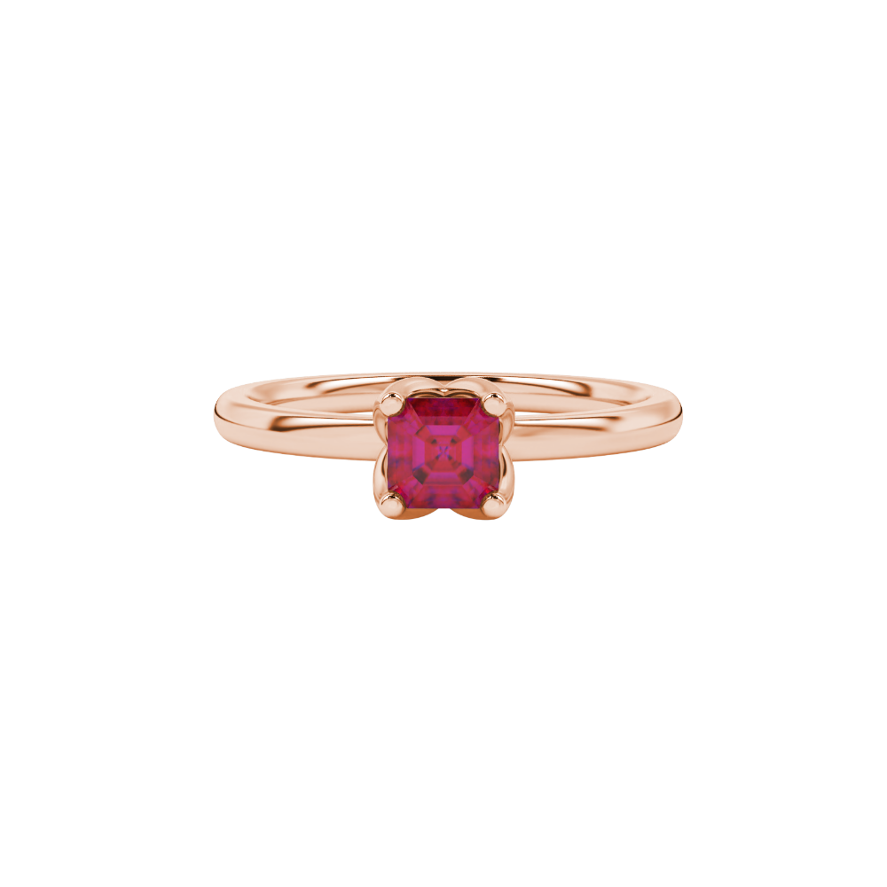 Red Asscher cut solitaire ring in gold featuring a floral-inspired four-prong basket setting with a 5.00 MM center gemstone