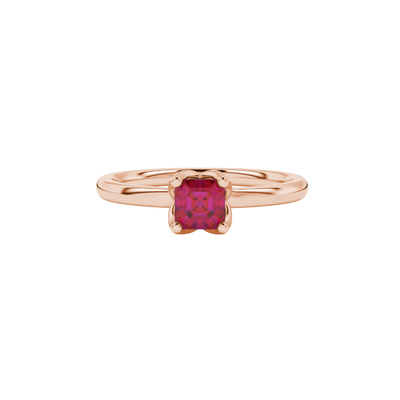 Red Asscher cut solitaire ring in gold featuring a floral-inspired four-prong basket setting with a 5.00 MM center gemstone