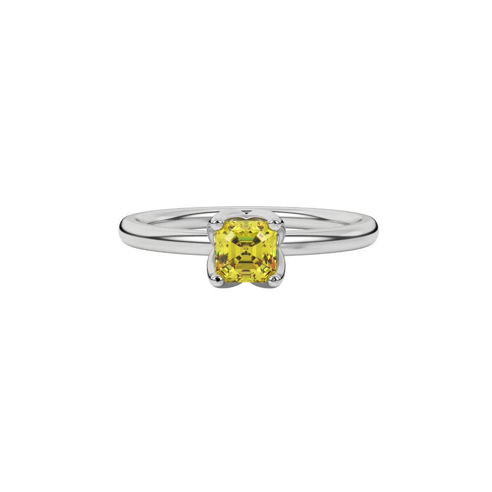 Yellow Asscher cut solitaire ring in gold featuring a floral-inspired four-prong basket setting with a 5.00 MM center gemstone