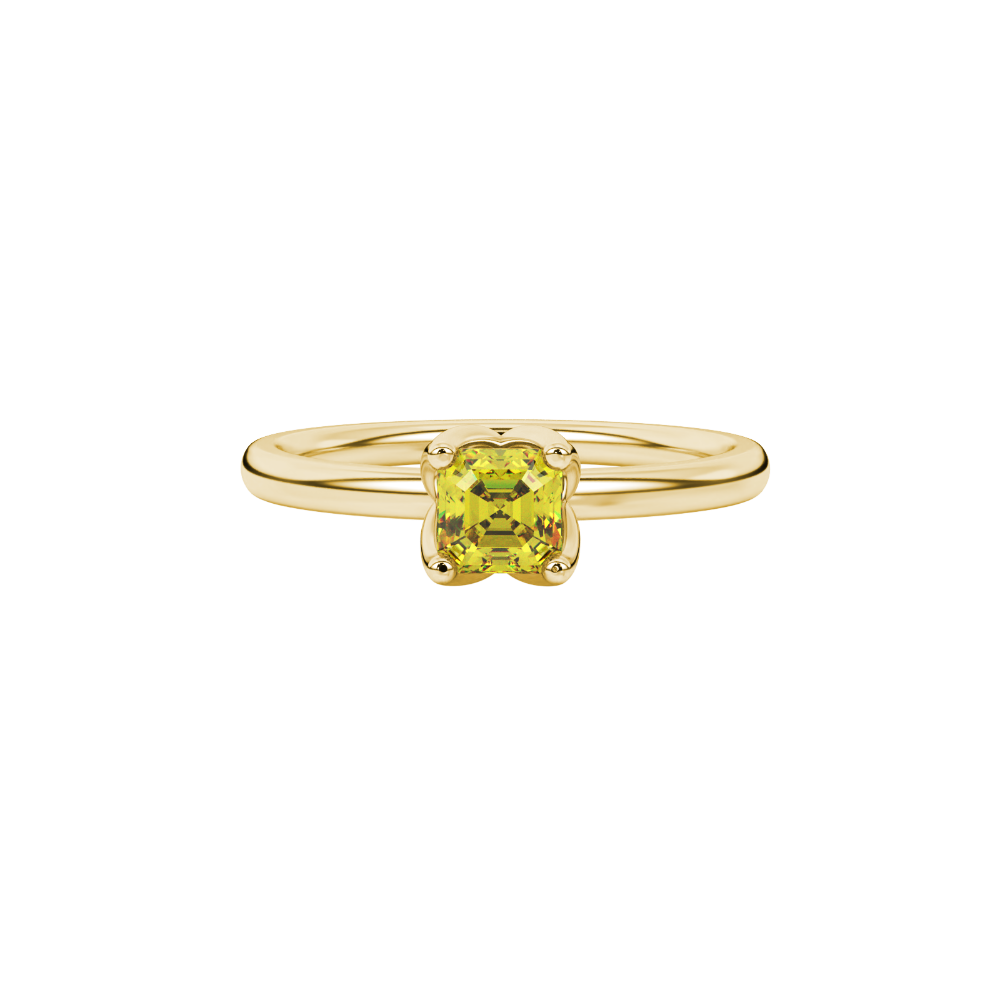 Yellow Asscher cut solitaire ring in gold featuring a floral-inspired four-prong basket setting with a 5.00 MM center gemstone