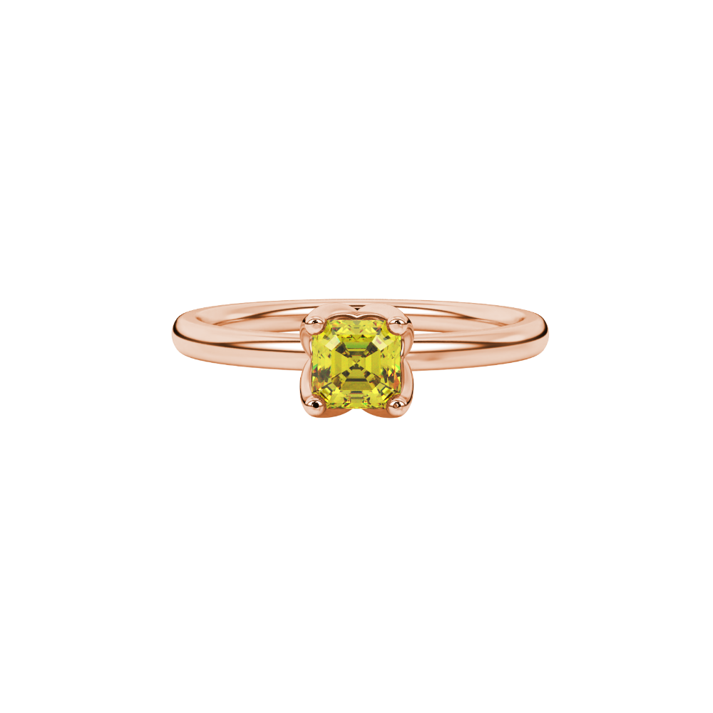Yellow Asscher cut solitaire ring in gold featuring a floral-inspired four-prong basket setting with a 5.00 MM center gemstone