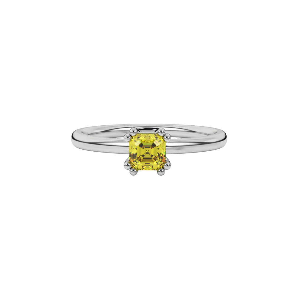 Yellow Asscher cut gemstone solitaire ring in gold featuring a refined six-prong basket setting