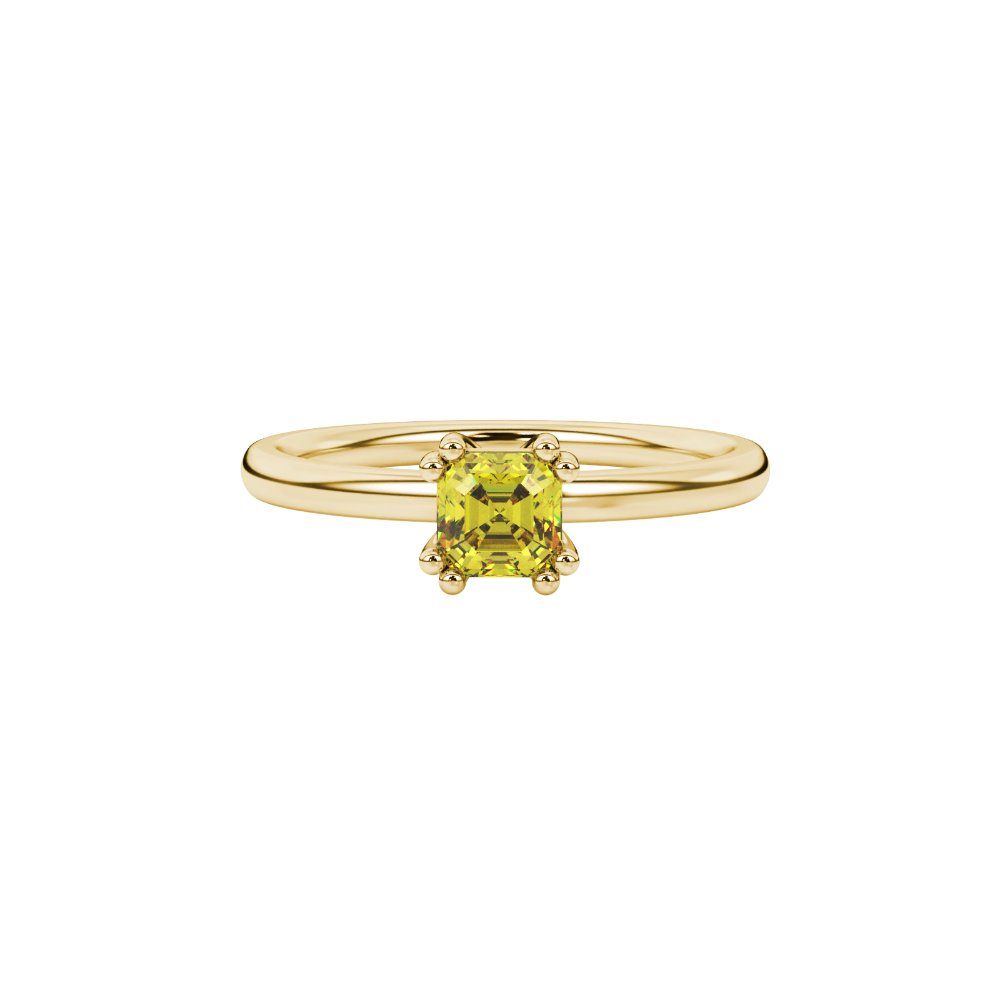 Yellow Asscher cut gemstone solitaire ring in gold featuring a refined six-prong basket setting