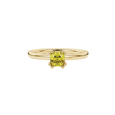 Yellow Asscher cut gemstone solitaire ring in gold featuring a refined six-prong basket setting