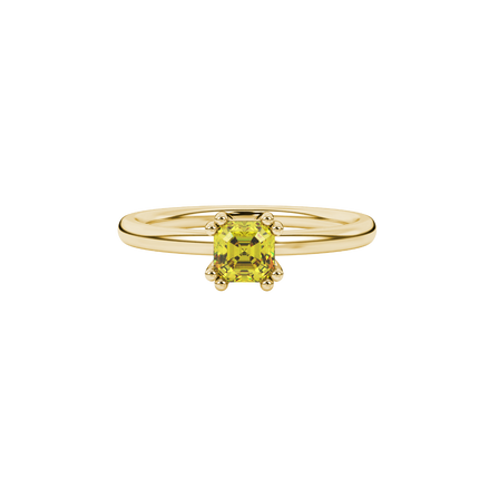 Yellow Asscher cut gemstone solitaire ring in gold featuring a refined six-prong basket setting