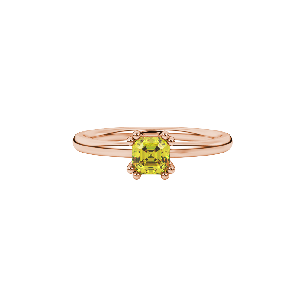 Yellow Asscher cut gemstone solitaire ring in gold featuring a refined six-prong basket setting