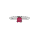 Red Asscher cut gemstone solitaire ring in gold featuring a refined six-prong basket setting