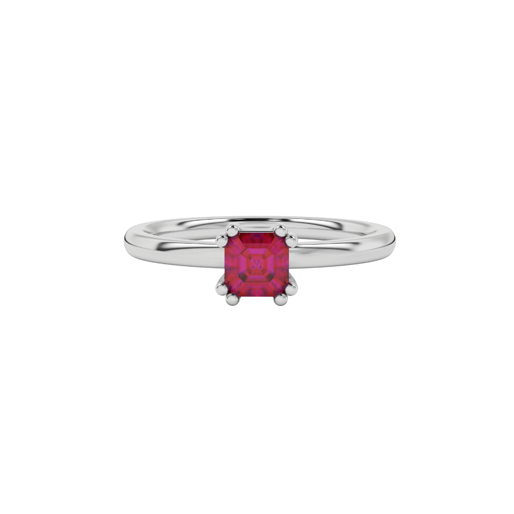 Red Asscher cut gemstone solitaire ring in gold featuring a refined six-prong basket setting