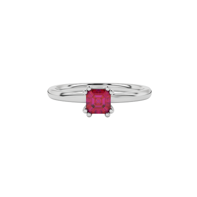 raspberry red asscher gemstone eight-prong solitaire ring in white gold
