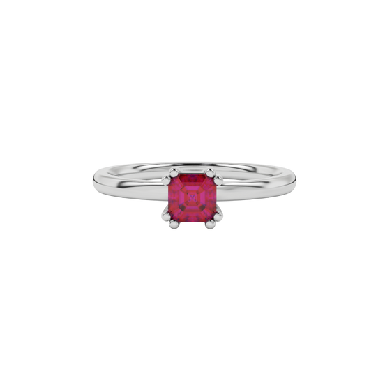 raspberry red asscher gemstone eight-prong solitaire ring in white gold