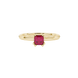Red Asscher cut gemstone solitaire ring in gold featuring a refined six-prong basket setting