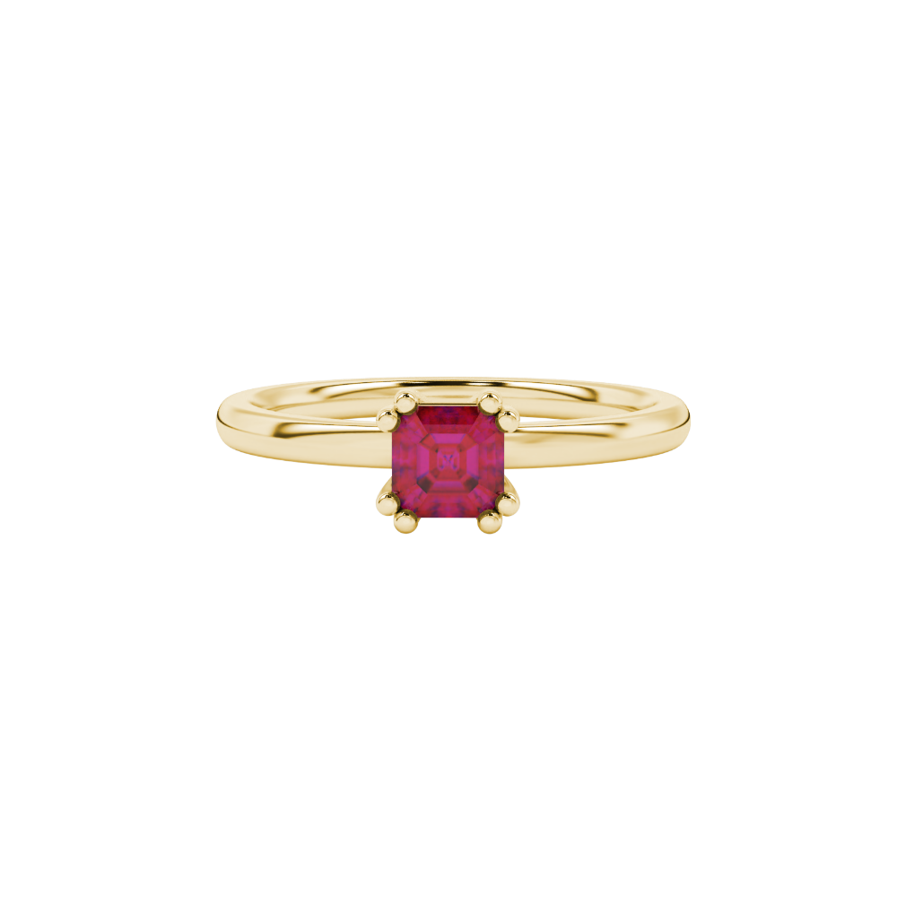 Red Asscher cut gemstone solitaire ring in gold featuring a refined six-prong basket setting