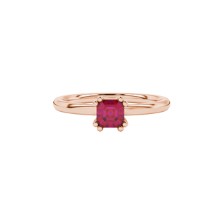 raspberry red asscher gemstone eight-prong solitaire ring in rose gold