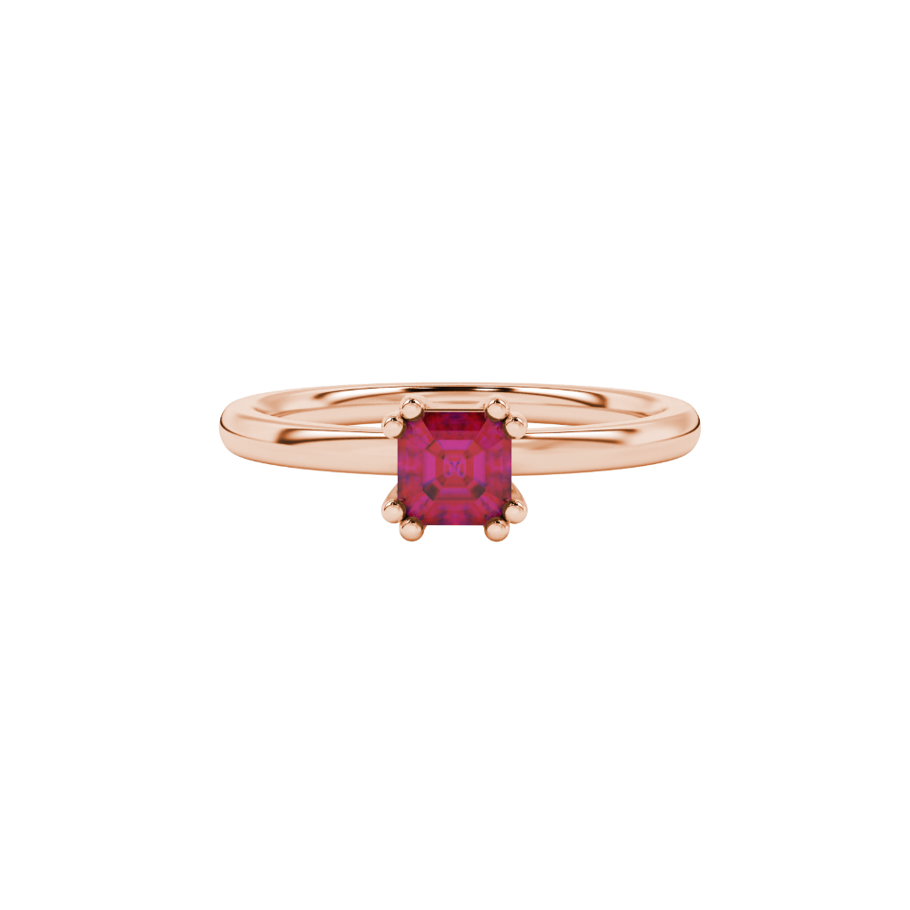 Red Asscher cut gemstone solitaire ring in gold featuring a refined six-prong basket setting