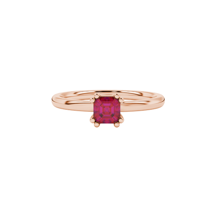 Red Asscher cut gemstone solitaire ring in gold featuring a refined six-prong basket setting
