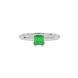 Green Asscher cut gemstone solitaire ring in gold featuring a refined six-prong basket setting
