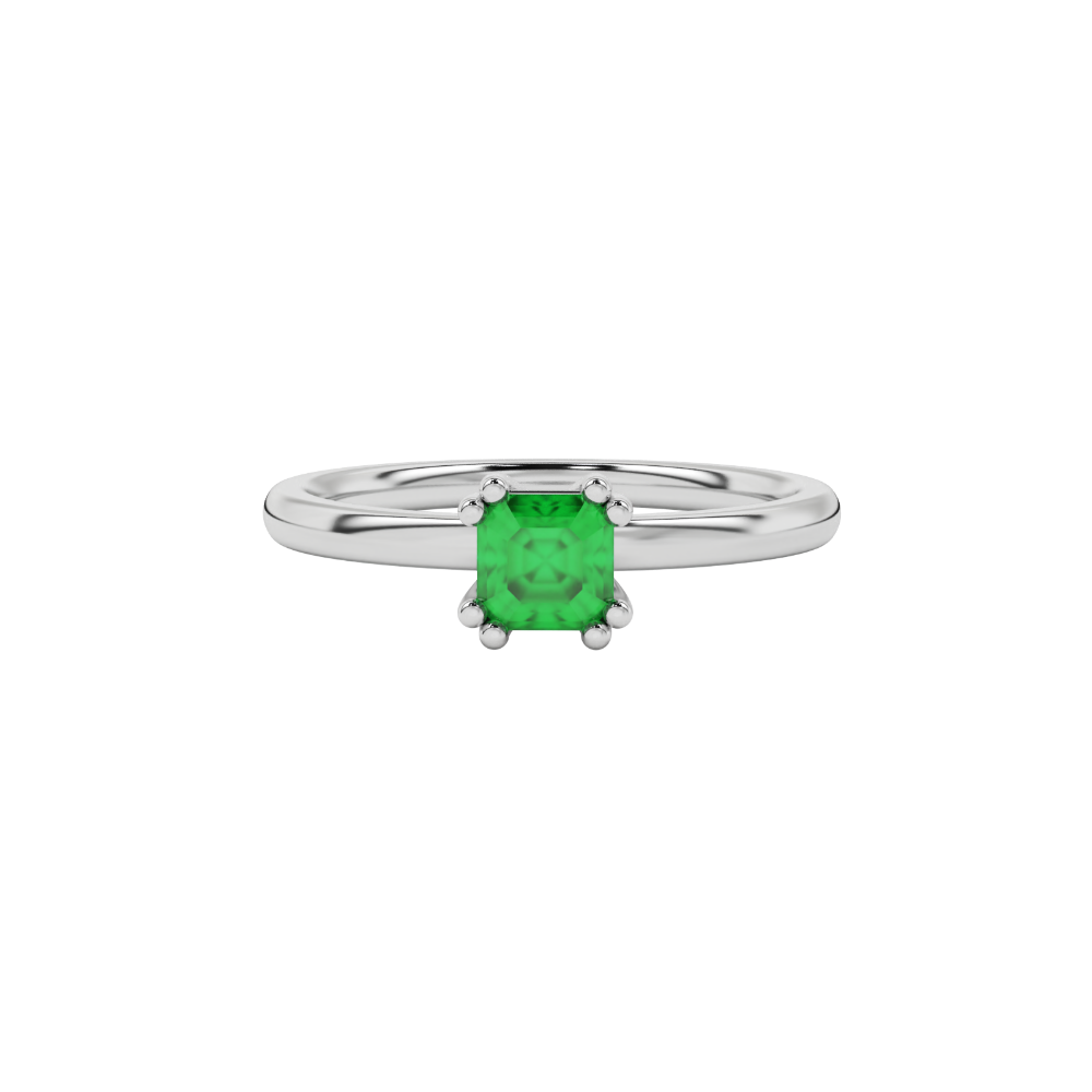 Green Asscher cut gemstone solitaire ring in gold featuring a refined six-prong basket setting