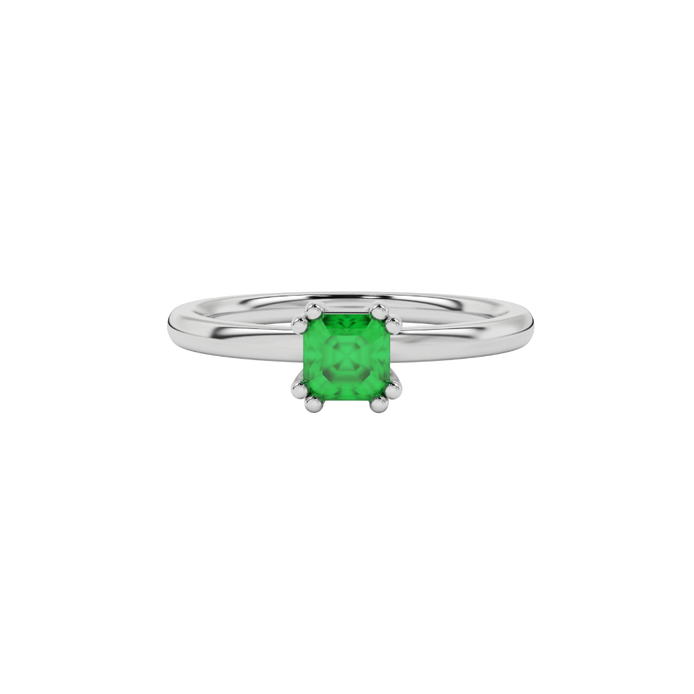 Green Asscher cut gemstone solitaire ring in gold featuring a refined six-prong basket setting