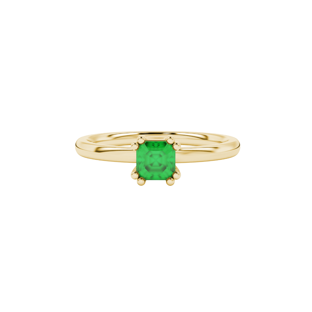 Green Asscher cut gemstone solitaire ring in gold featuring a refined six-prong basket setting